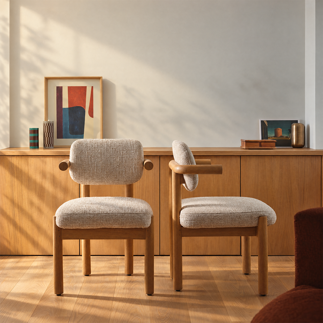 NEO - 2er-Set Stühle aus naturbelassenem Mindi-Massivholz und beige meliertem Stoff