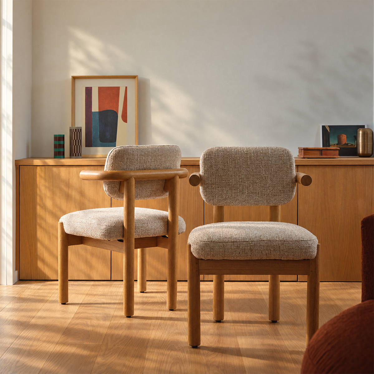 NEO - 2er-Set Stühle aus naturbelassenem Mindi-Massivholz und beige meliertem Stoff