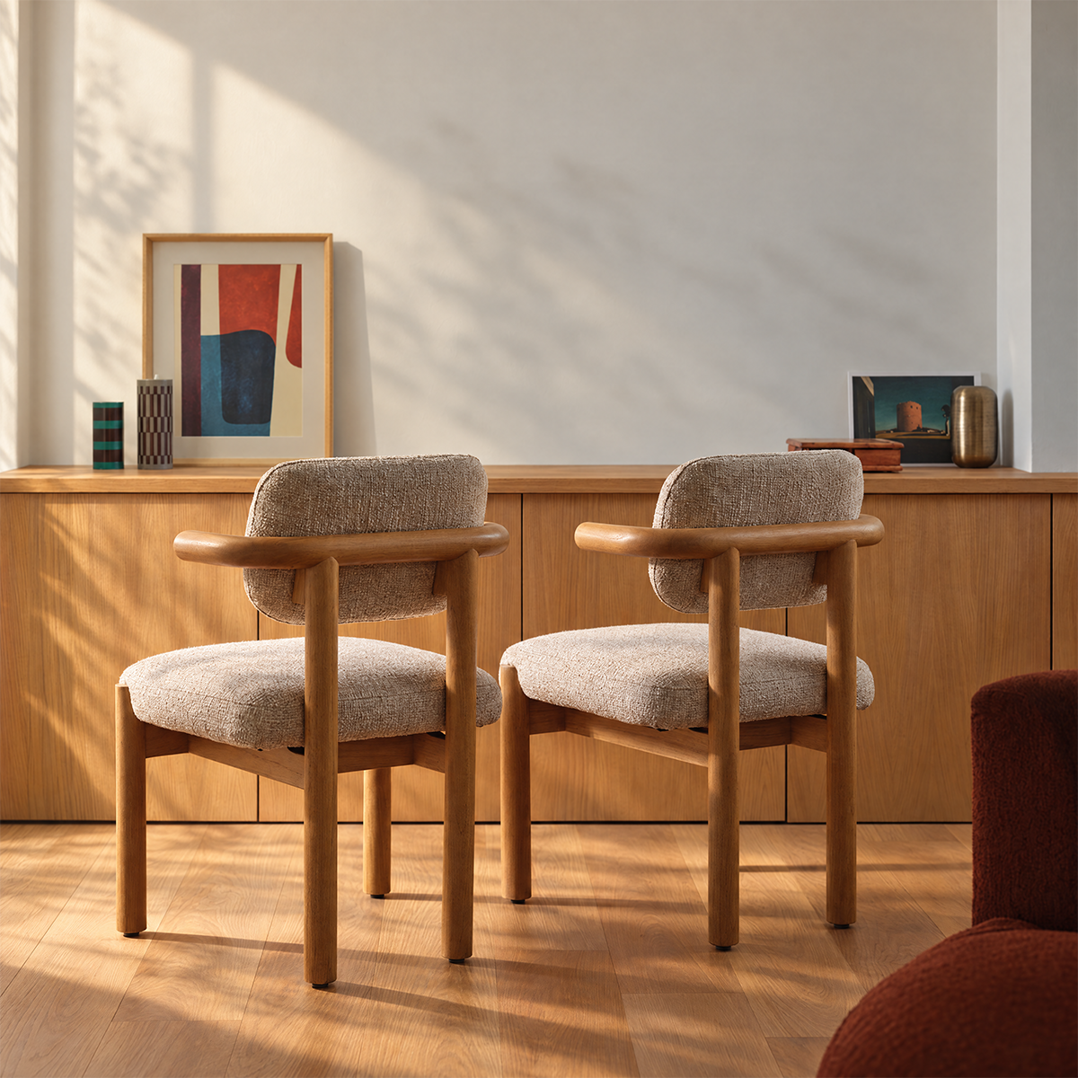 NEO - 2er-Set Stühle aus naturbelassenem Mindi-Massivholz und beige meliertem Stoff