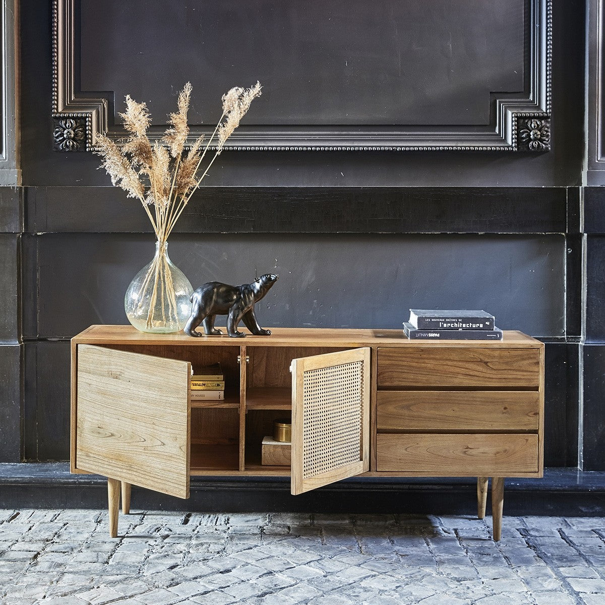 HANA - Kommode aus massivem Mindy und Schilfrohr 175 cm