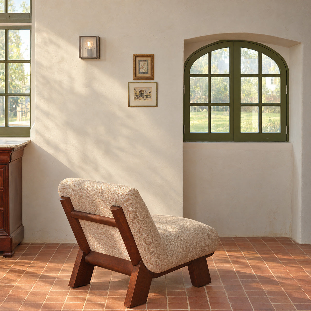 ANOUK - Sessel aus massivem Mindi-Holz und beige meliertem Stoff