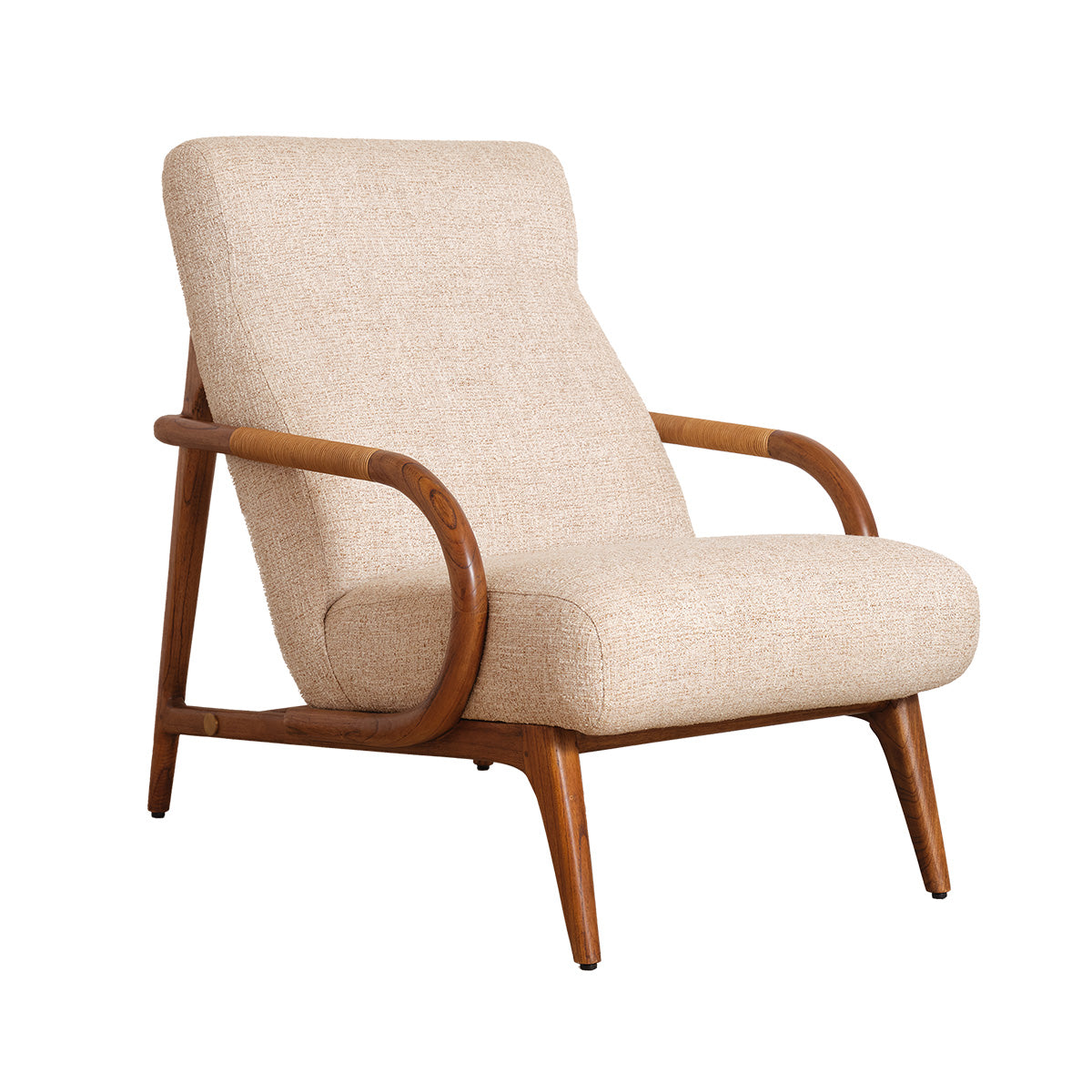 GABIN - Sessel aus massivem Mindi-Holz, Rattan und beige meliertem Stoff