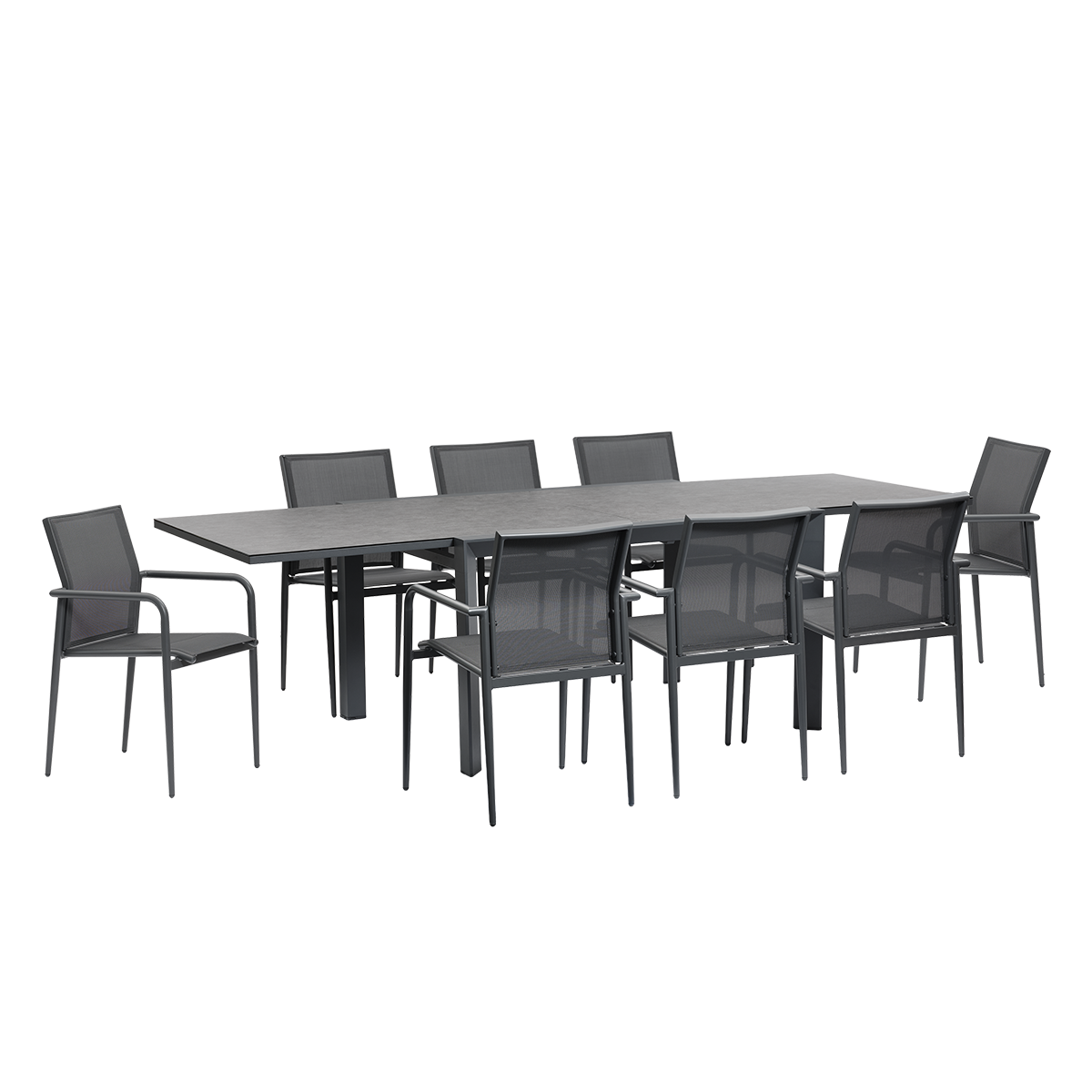 BASALT - Gartenmöbel aus Aluminium, Glas und grauem Textilene für 6–10 Personen