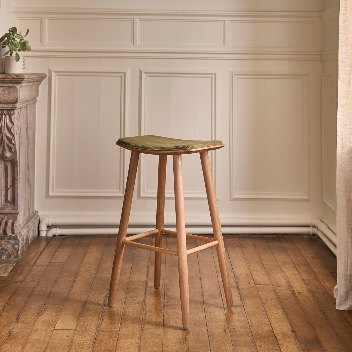 AMBRE - Hocker aus massivem Teakholz und Sitzfläche aus Cord 75 cm