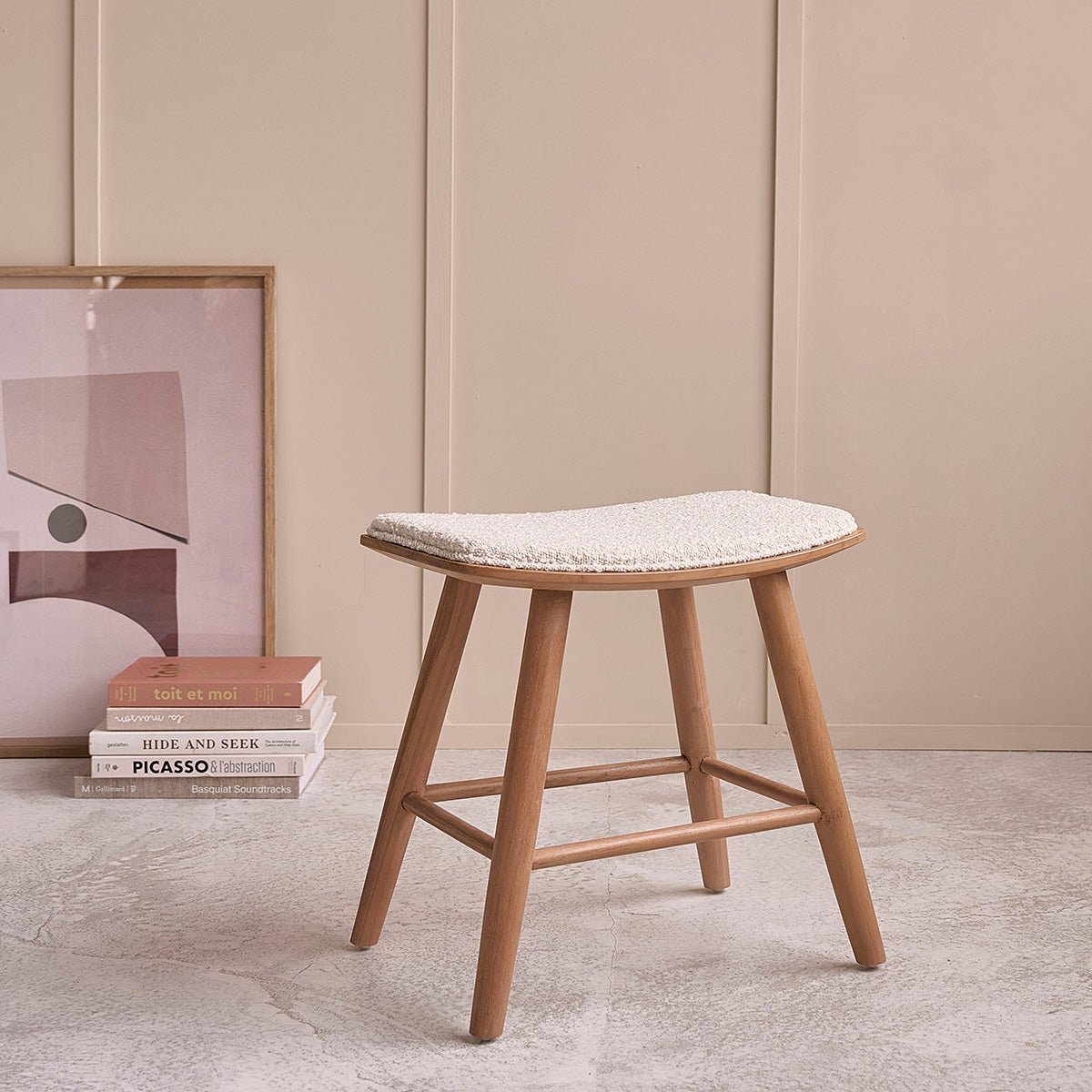 AMBRE - 2er-Set Barhocker aus massivem Teakholz und Bouclé-Stof 45 cm