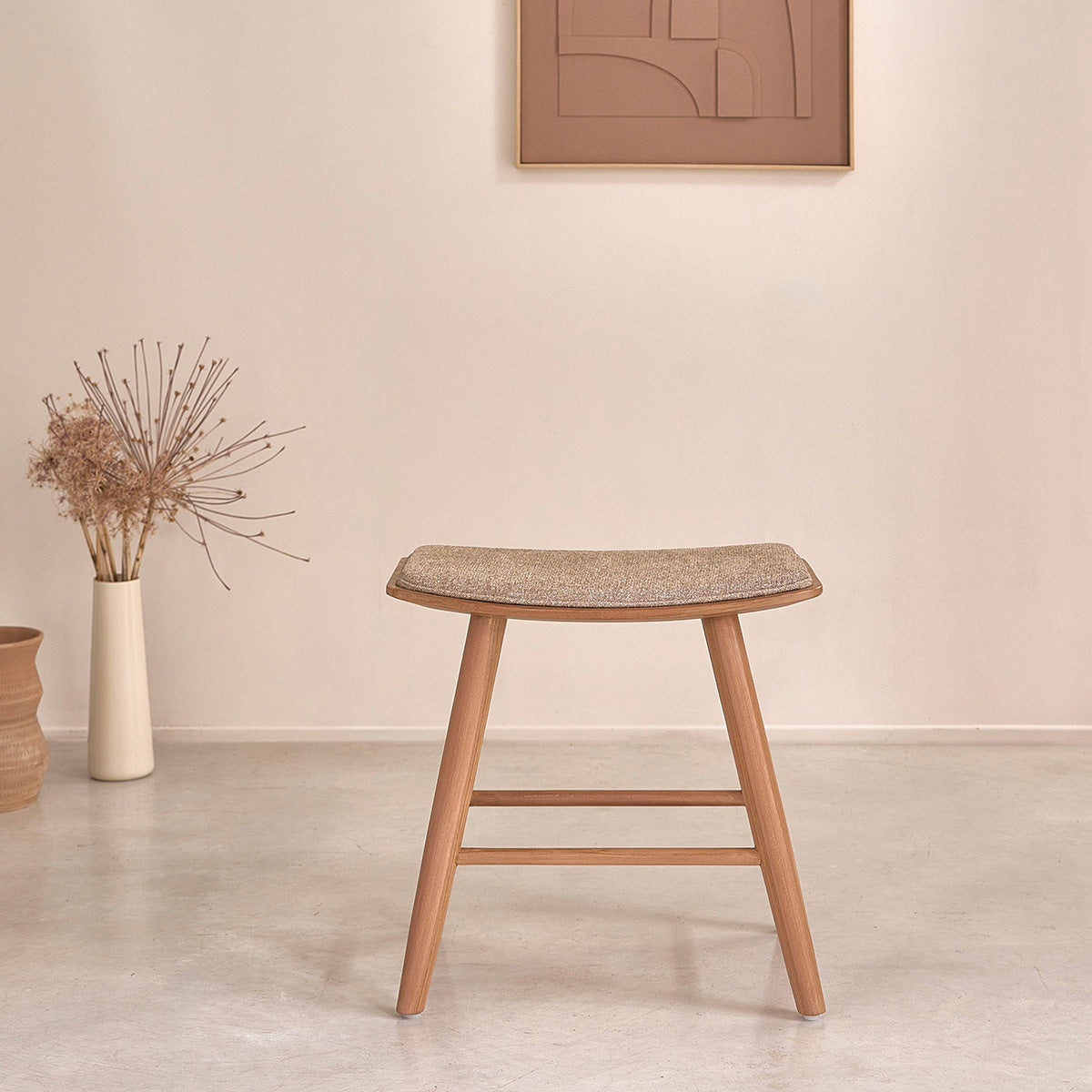 AMBRE - Barhocker aus massivem Teakholz und Greige-Samt 45 cm (Kombination aus Grau und Beige)