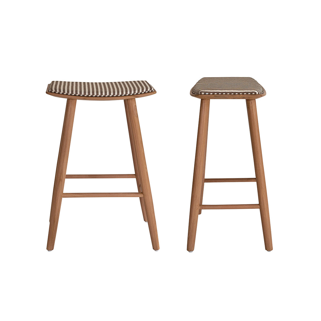 AMBRE - Set aus 2 Barhockern aus massivem Teakholz mit gestreifter Sitzfläche, 65 cm