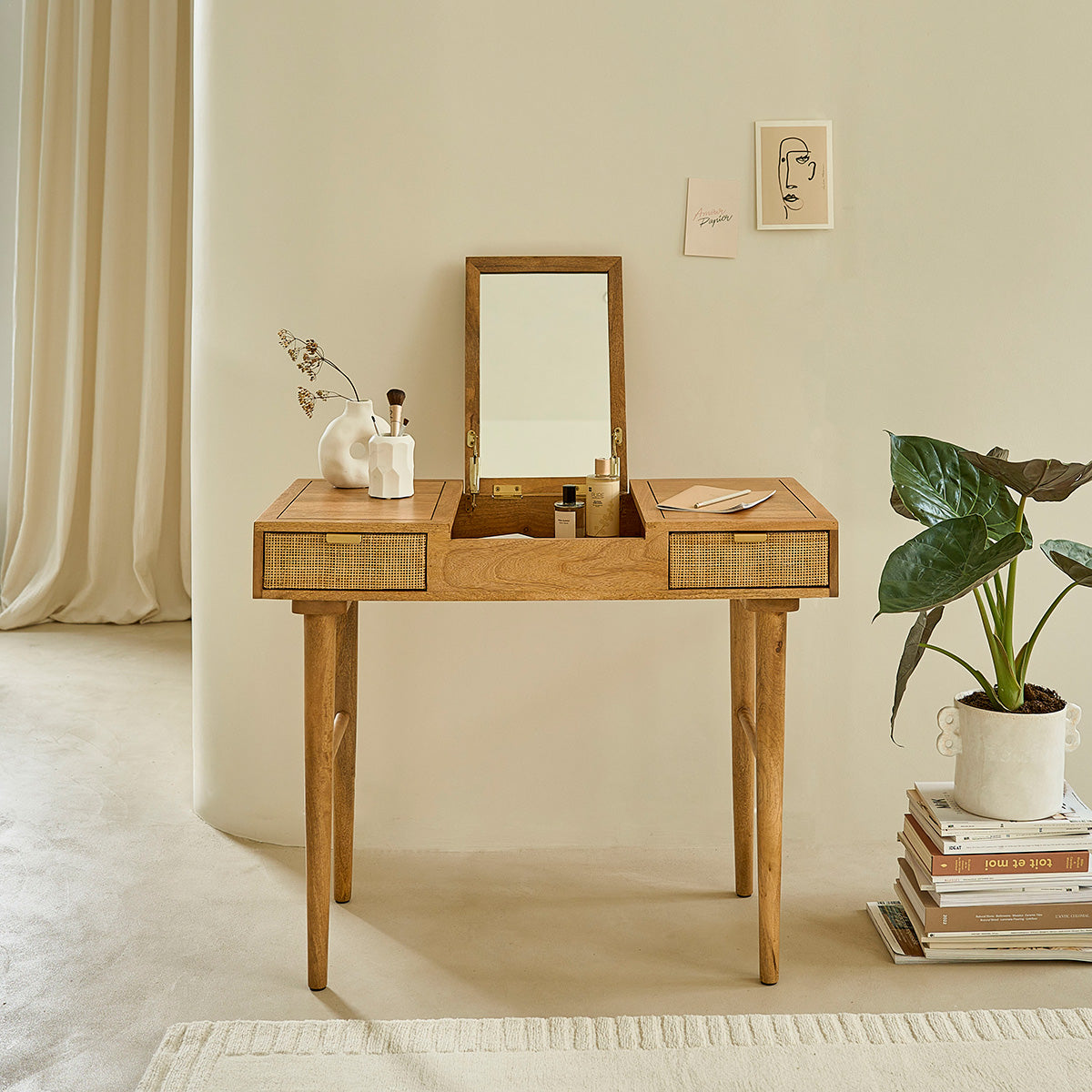 FELICIE - Schreibtisch aus massivem Mangoholz und Rohrgeflecht 90 cm