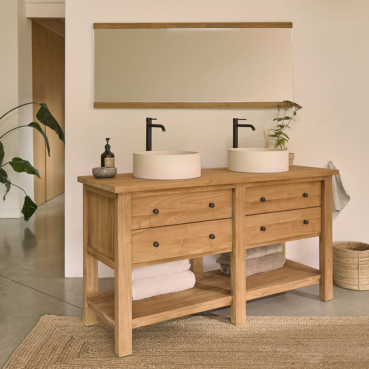 NAHELE - Waschtischunterschrank aus massivem recyceltem Teakholz 150 cm