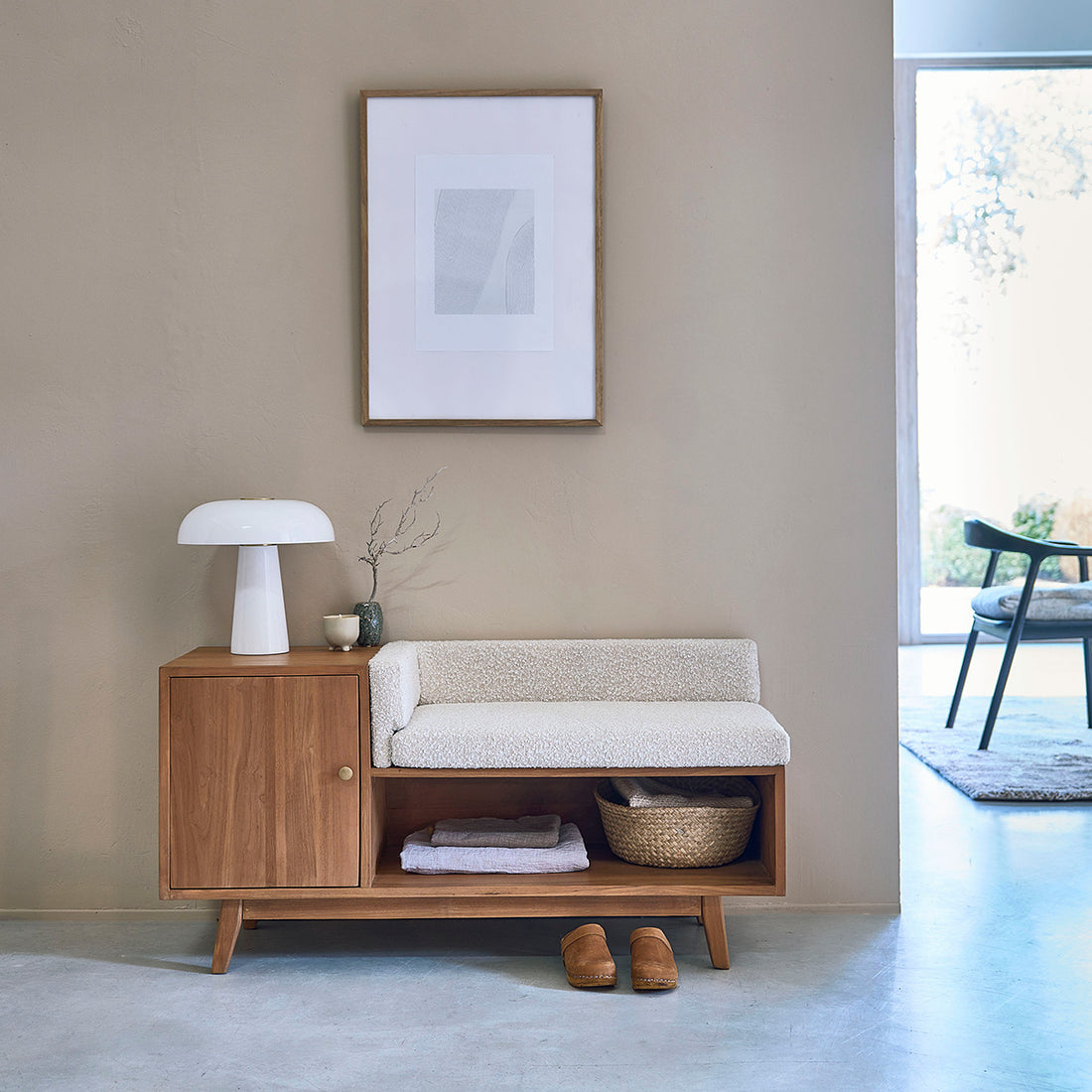 SERENE - Bank aus massivem Teakholz und Bouclé-Stoff 120 cm