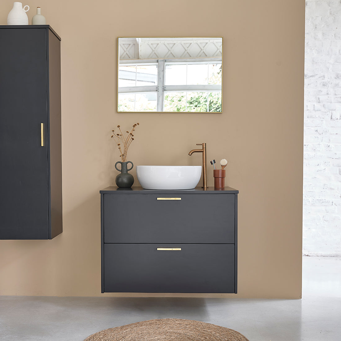 LUNA - Waschtischunterschrank aus massiver Akazie, hängend 80 cm schwarz