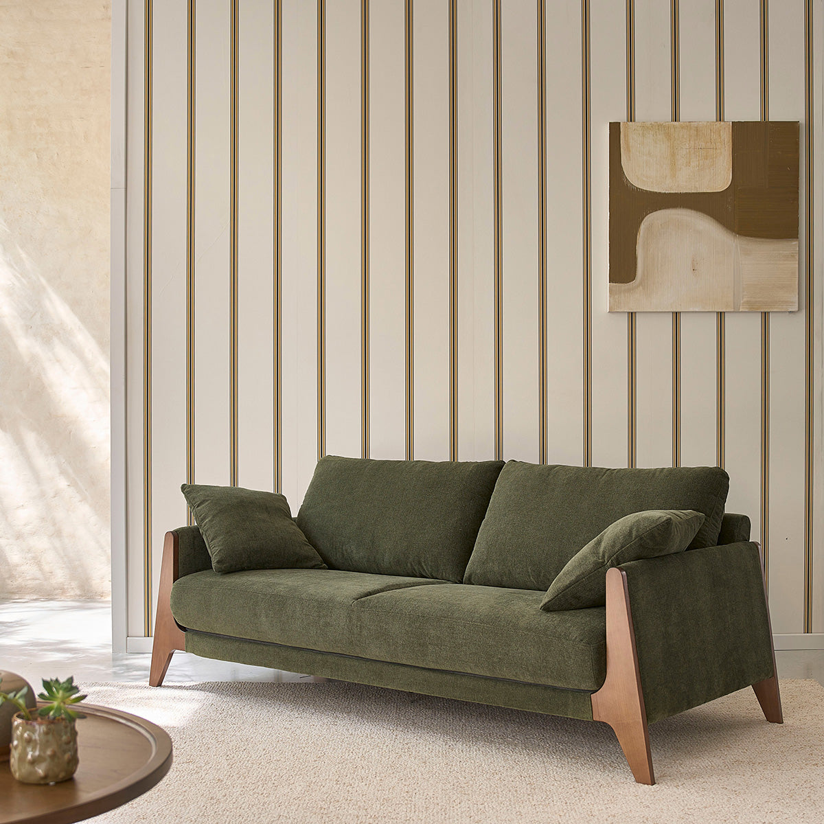 ONDINE - Gerades 3-Sitzer-Sofa aus Massivholz und moosgrünem Samtstoff