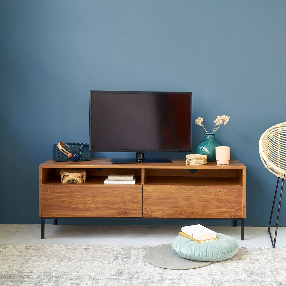LINA - TV-Möbel aus massivem Teakholz und Metall 140 cm