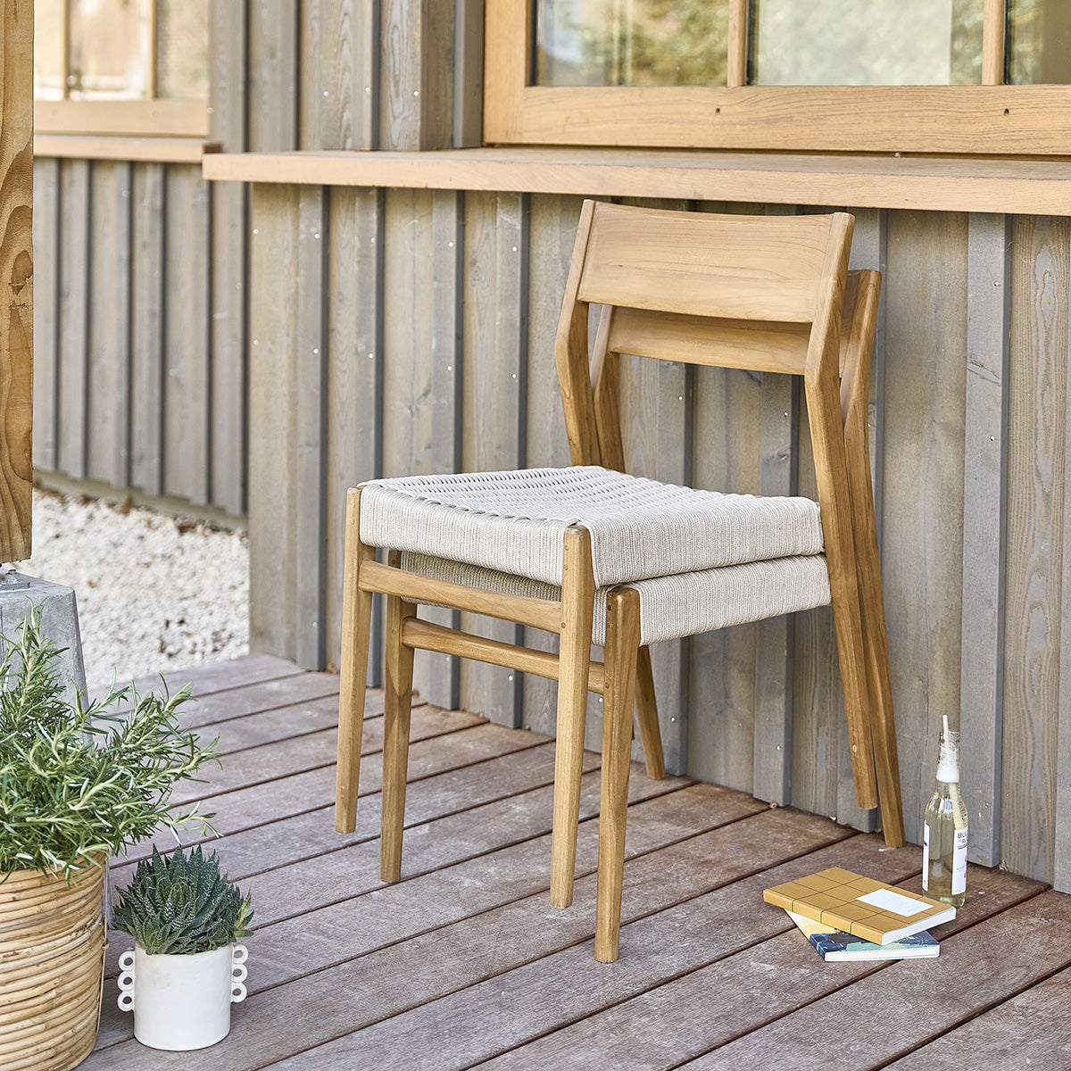 LIVIE - Gartenstuhl massives Teakholz und beigem Seil (2er Set)