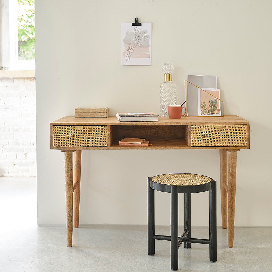 FELICIE - Schreibtisch aus massivem Mangoholz und Rohrgeflecht 120 cm
