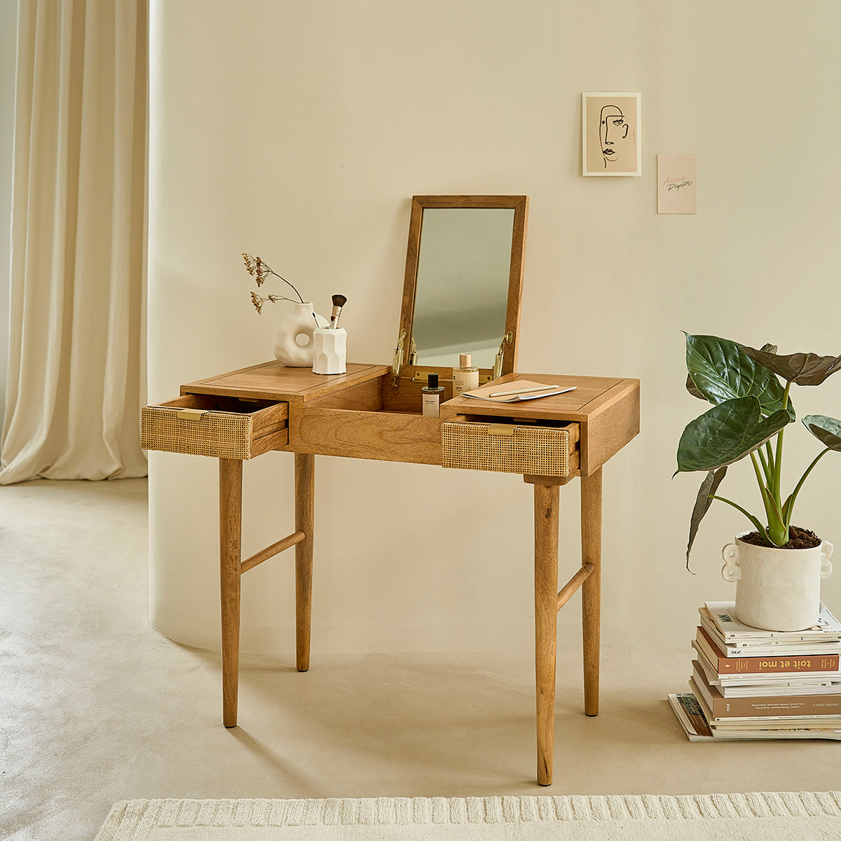 FELICIE - Schreibtisch aus massivem Mangoholz und Rohrgeflecht 90 cm